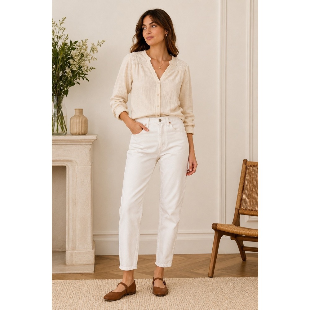 Sézane White Tapered Jeans Women's Size 31 High Rise Cropped Straight Leg Denim